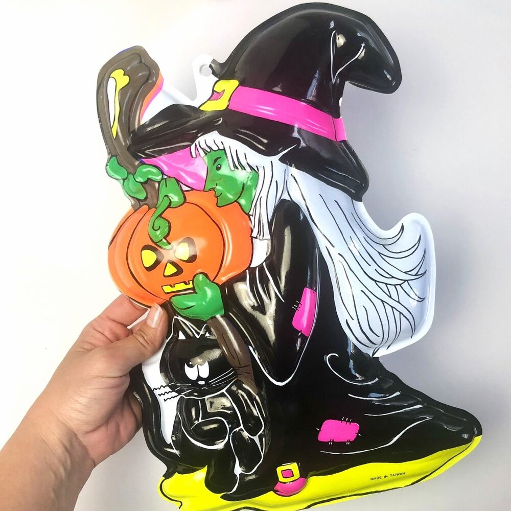 Vintage Halloween Decorations - 80s Molded Plastic Witch Pumpkin Black Cat